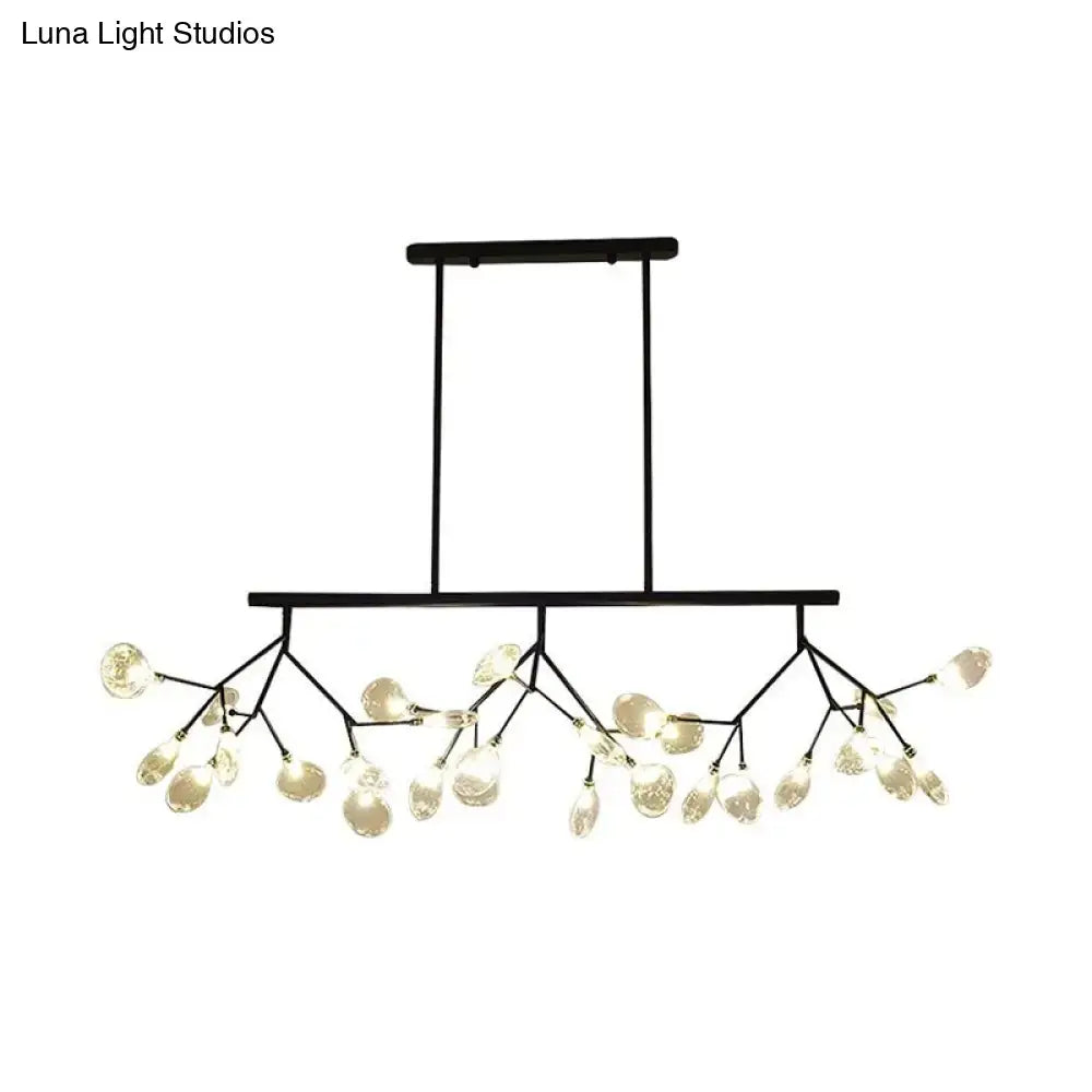 Black metal firefly hanging island chandelier with branching arms and modernist clear glass teardrop pendants