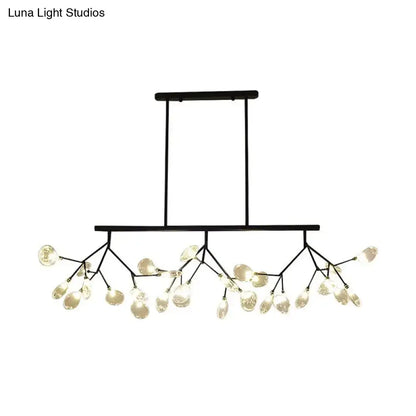 Black metal firefly hanging island chandelier with branching arms and modernist clear glass teardrop pendants