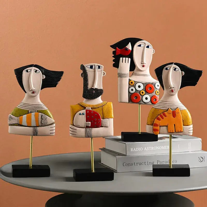 Modernist colorful ceramic abstract people statue figure with bold black hair and geometric patterns for living room decorbites abstract people decor