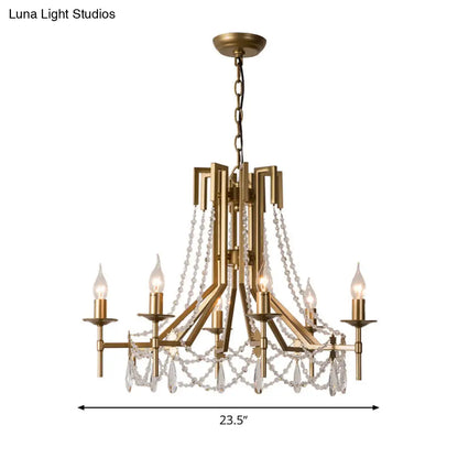 Lámpara de araña modernista con cuentas de cristal - Lámpara colgante de latón de 6 luces con brazo metálico