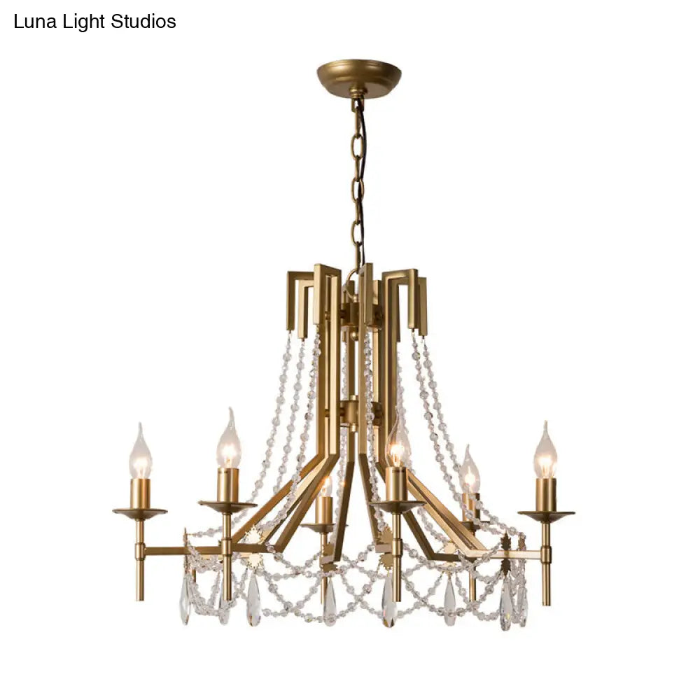 Lámpara de araña modernista con cuentas de cristal - Lámpara colgante de latón de 6 luces con brazo metálico