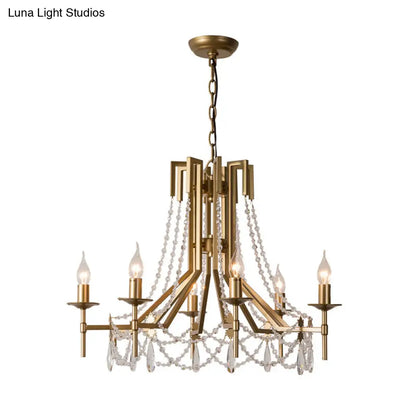 Lámpara de araña modernista con cuentas de cristal - Lámpara colgante de latón de 6 luces con brazo metálico