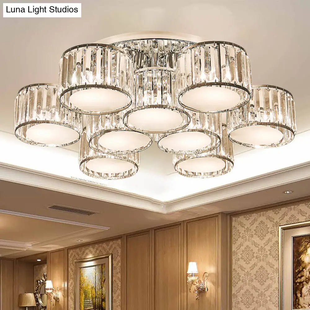 DecorBites™ DecorBites™ Modernist Crystal Drum Flush Mount Ceiling Lamp in Chrome Finish