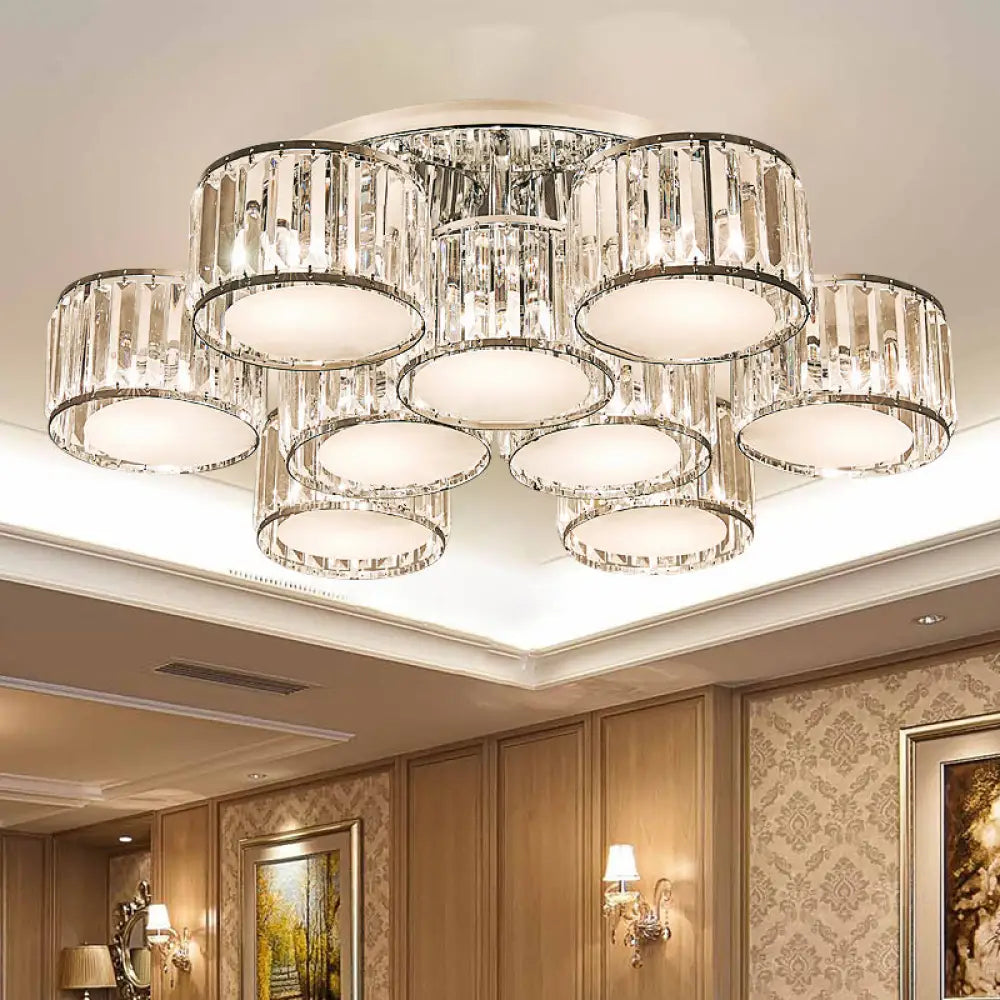 DecorBites™ DecorBites™ Modernist Crystal Drum Flush Mount Ceiling Lamp in Chrome Finish