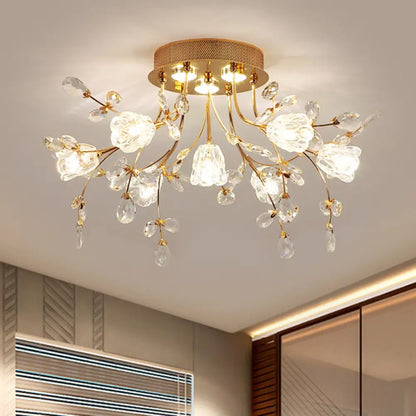 DecorBites™ DecorBites™ Modernist Crystal Semi Flush Mount Lighting: Blossom Great Room Ceiling Fixture in Gold, 7 Heads