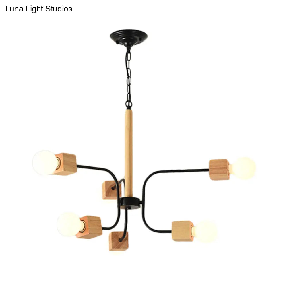 Modernist Curved Arm Pendant Chandelier: White/Black, Multi-Light Wood Hanging Lamp with Chain