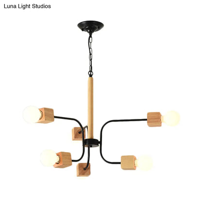 Modernist Curved Arm Pendant Chandelier: White/Black, Multi-Light Wood Hanging Lamp with Chain