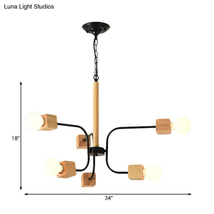 Modernist Curved Arm Pendant Chandelier: White/Black, Multi-Light Wood Hanging Lamp with Chain