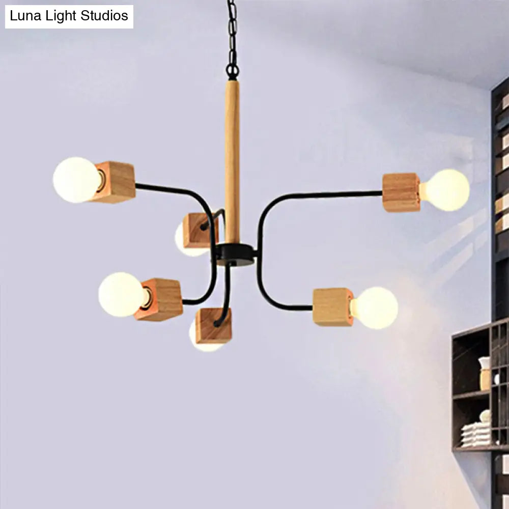 Modernist Curved Arm Pendant Chandelier: White/Black, Multi-Light Wood Hanging Lamp with Chain