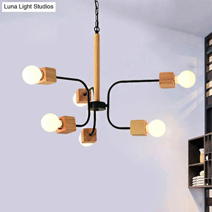 Modernist Curved Arm Pendant Chandelier: White/Black, Multi-Light Wood Hanging Lamp with Chain