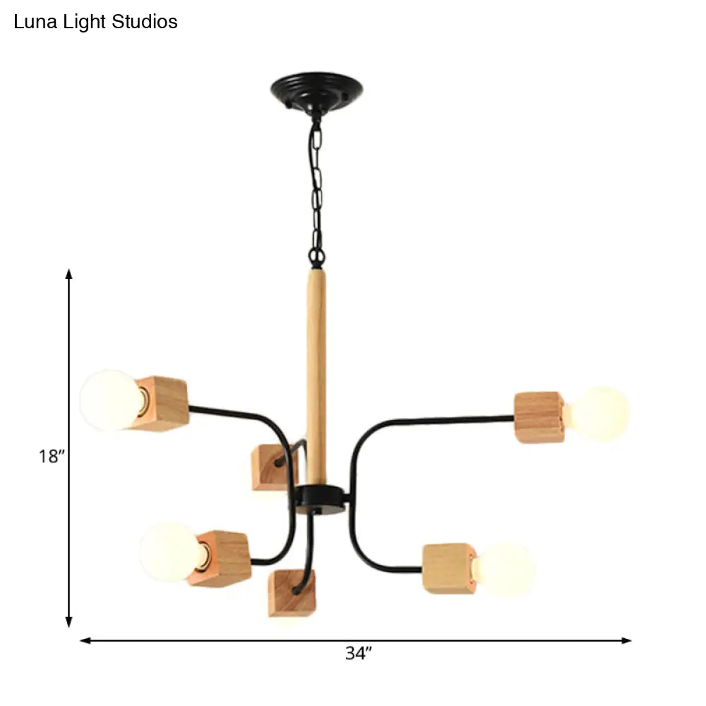 Modernist Curved Arm Pendant Chandelier: White/Black, Multi-Light Wood Hanging Lamp with Chain