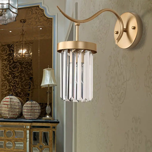 DecorBites™ DecorBites™ Modernist Curved Metal Wall Sconce Lamp - 1 Head Brass Finish with Clear Crystal Block