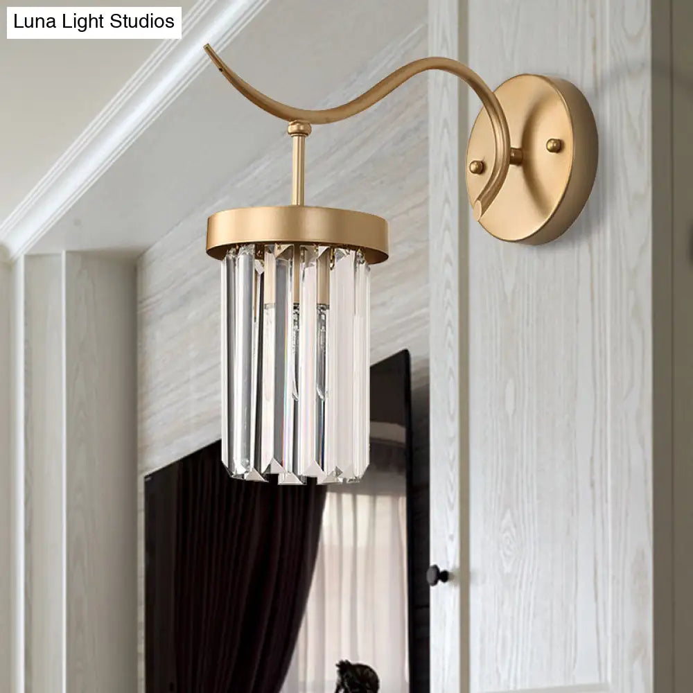 DecorBites™ DecorBites™ Modernist Curved Metal Wall Sconce Lamp - 1 Head Brass Finish with Clear Crystal Block