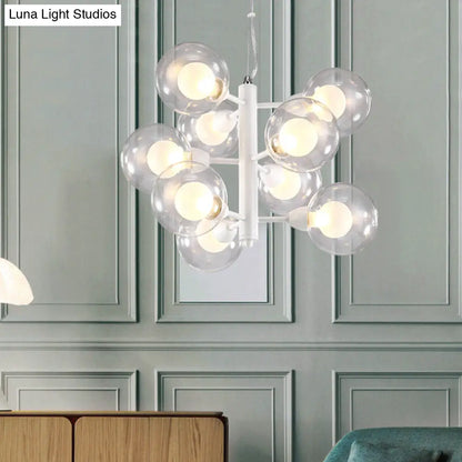 ثريا عصرية مزدوجة الفقاعات - بيضاء | 9 لمبات | قلادة زجاجية شفافة