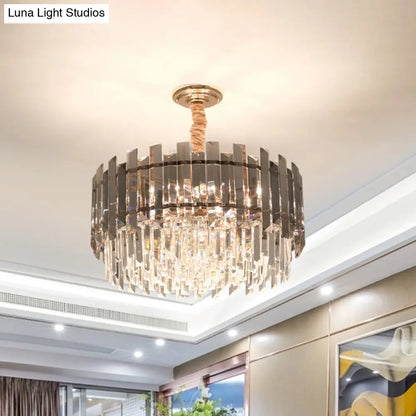 Lámpara de techo modernista de doble capa para comedor con pantallas de cristal transparente y gris humo - Colgante dorado de 9 bombillas