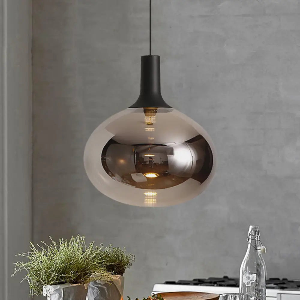 Modernist Elliptical Pendant Lamp with White/Grey/Amber Glass, Black LED, and White/Warm Light