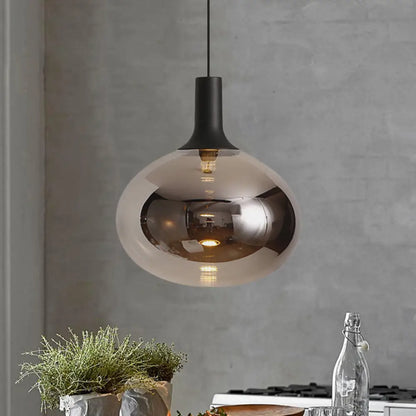 Modernist Elliptical Pendant Lamp with White/Grey/Amber Glass, Black LED, and White/Warm Light