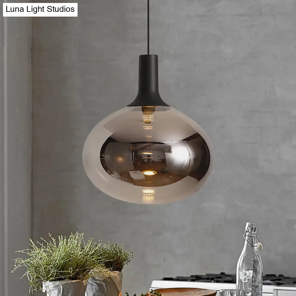 Modernist Elliptical Pendant Lamp with White/Grey/Amber Glass, Black LED, and White/Warm Light