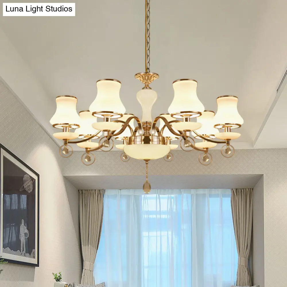 Modernist Flared Crystal Chandelier with White Glass, 8 Heads - Champagne Ceiling Suspension Lamp