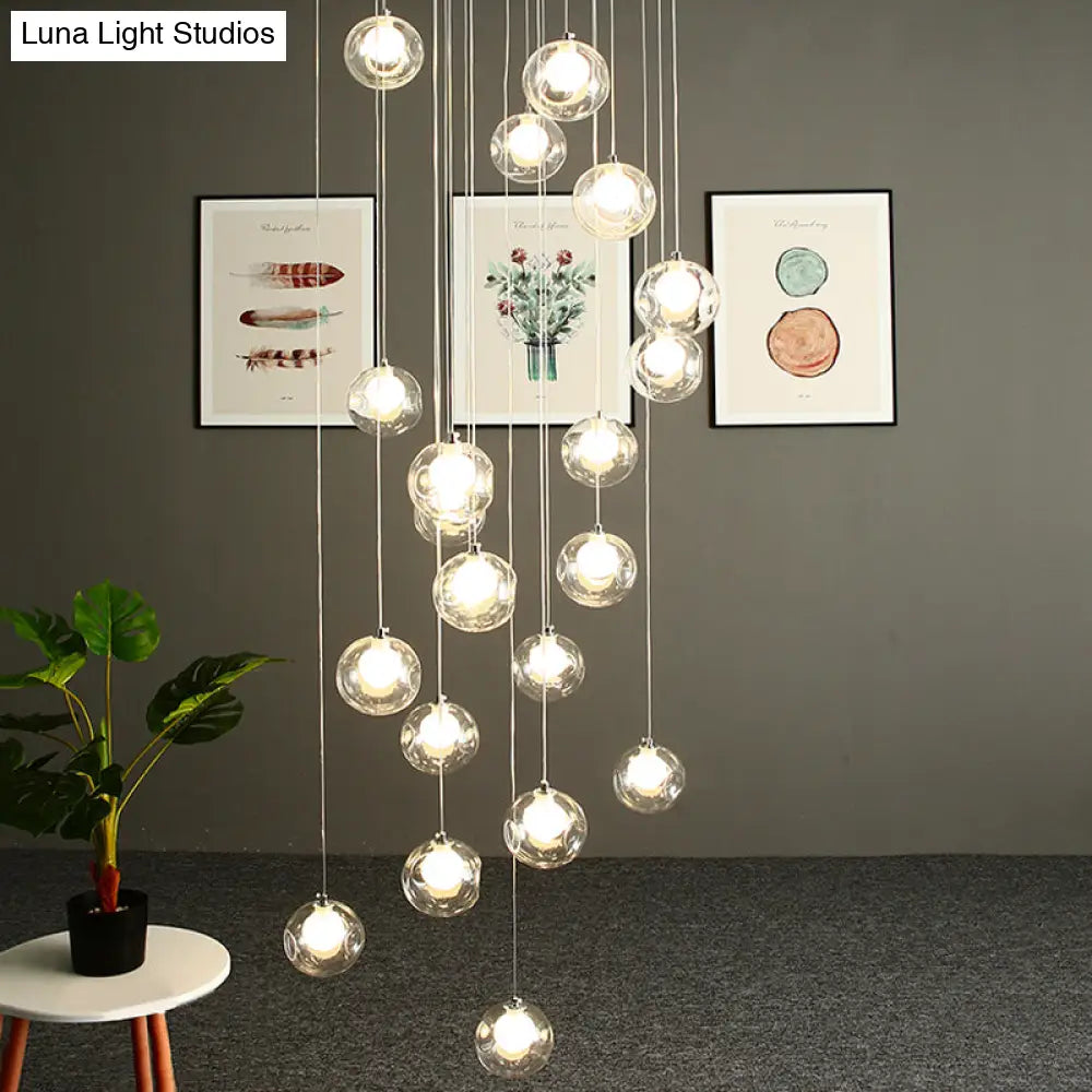 Modernist Glass Pendant Light with 16 Clear Dimpled Balls in White