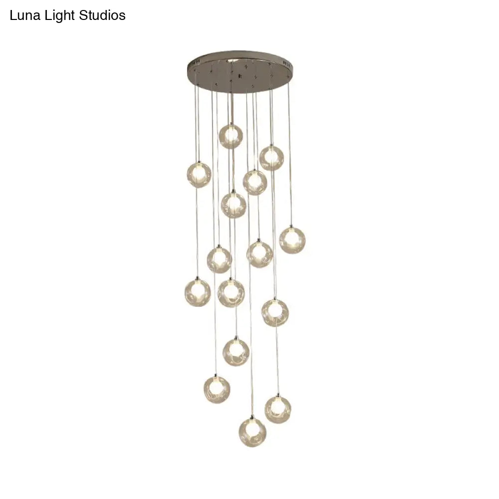 Modernist Glass Pendant Light with 16 Clear Dimpled Balls in White