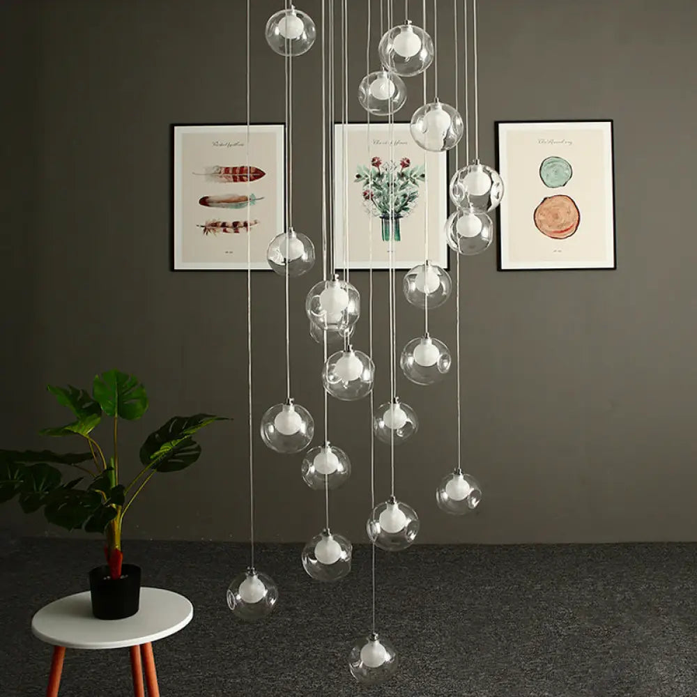 Modernist Glass Pendant Light with 16 Clear Dimpled Balls in White