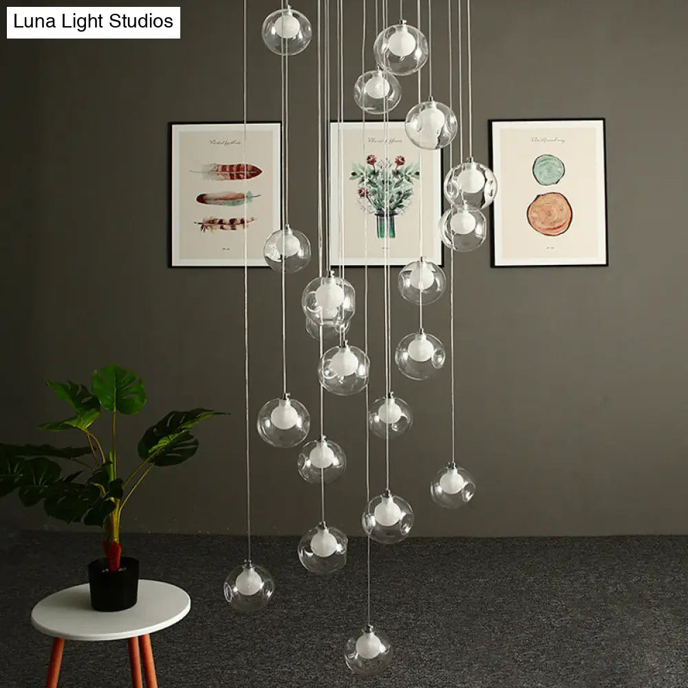 Modernist Glass Pendant Light with 16 Clear Dimpled Balls in White