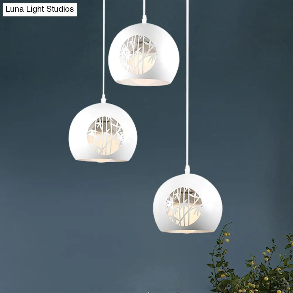 Modernist Global Iron Pendant with Laser Cut Bamboo Pattern - 3-Light Dining Room Hanging Lamp in White