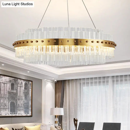 Lámpara de techo modernista dorada: pantalla de cristal transparente de doble capa, colgante LED para sala de estar - Ancho: 19,5"/23,5"/27,5"