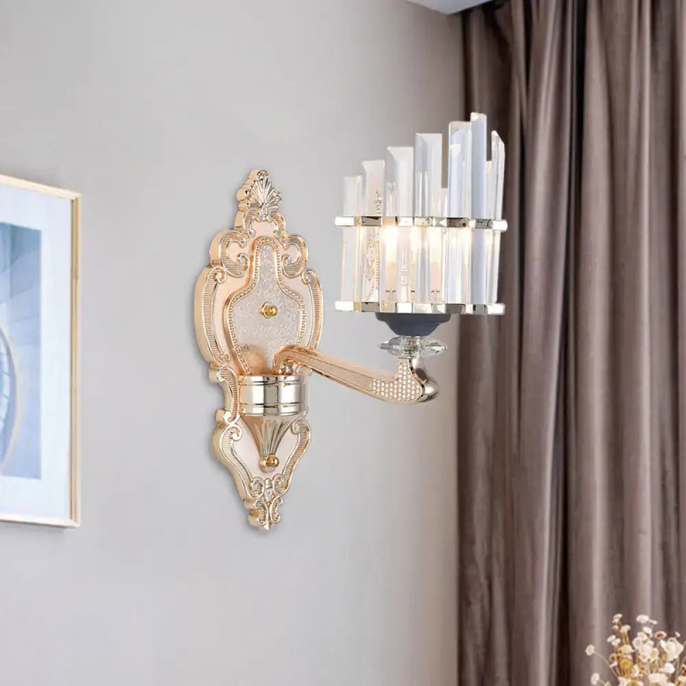 Modernist gold wall light with ornate crystal vertical rods and polished metallic arm for living room conical shade wall use