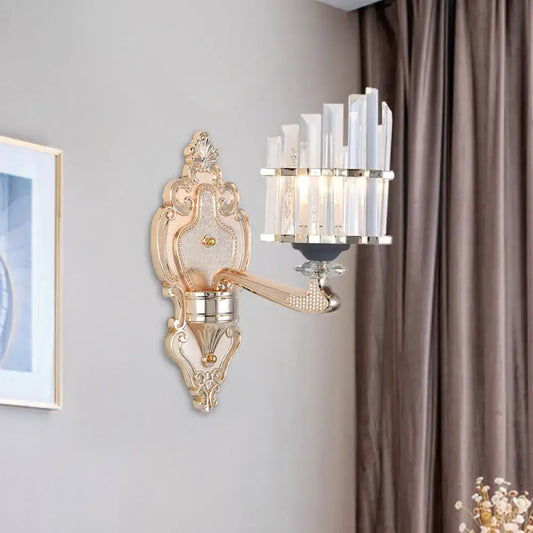 Modernist gold wall light with ornate crystal vertical rods and polished metallic arm for living room conical shade wall use