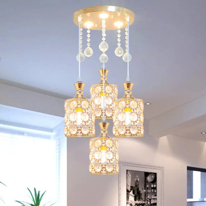 Modernist Gold Crystal-Encrusted 4-Head Hanging Pendant Lamp with Ball Droplet