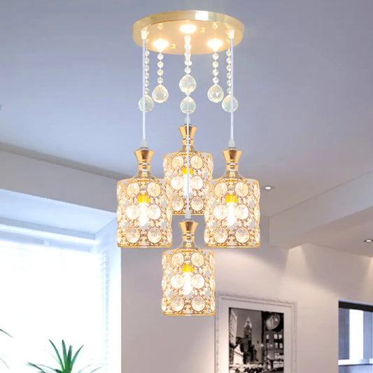 Modernist Gold Crystal-Encrusted 4-Head Hanging Pendant Lamp with Ball Droplet