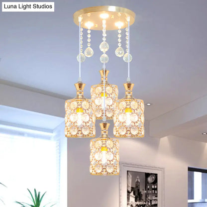 Modernist Gold Crystal-Encrusted 4-Head Hanging Pendant Lamp with Ball Droplet