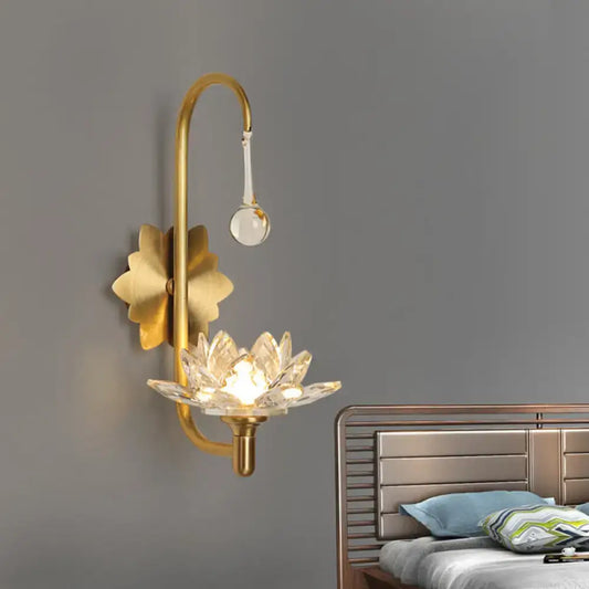 Modernist gold-toned lotus wall lamp with crystal flower design and elegant curved arm for bedroom 220v-240v 110v-120v use