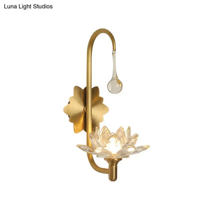 Modernist gold crystal lotus wall lamp with curved arm and teardrop glass accent for bedroom sconce 220v-240v 110v-120v