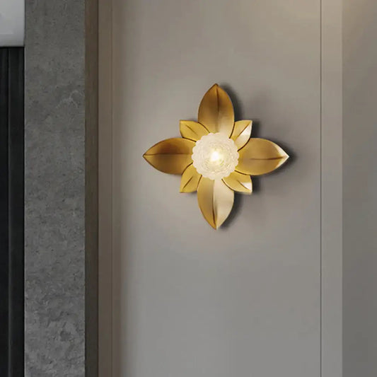 Modernist gold flower light fixture metallic wall sconce with glowing central light for bedroom use