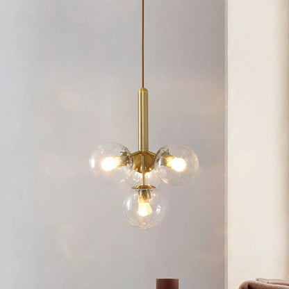 Lámpara colgante modernista dorada con forma de globo - Cristal transparente, 4 cabezales