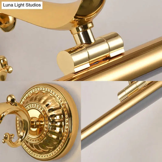 Modernist gold linear metallic vanity wall light with gold-finished brass towel rack and ornate circular wall mount