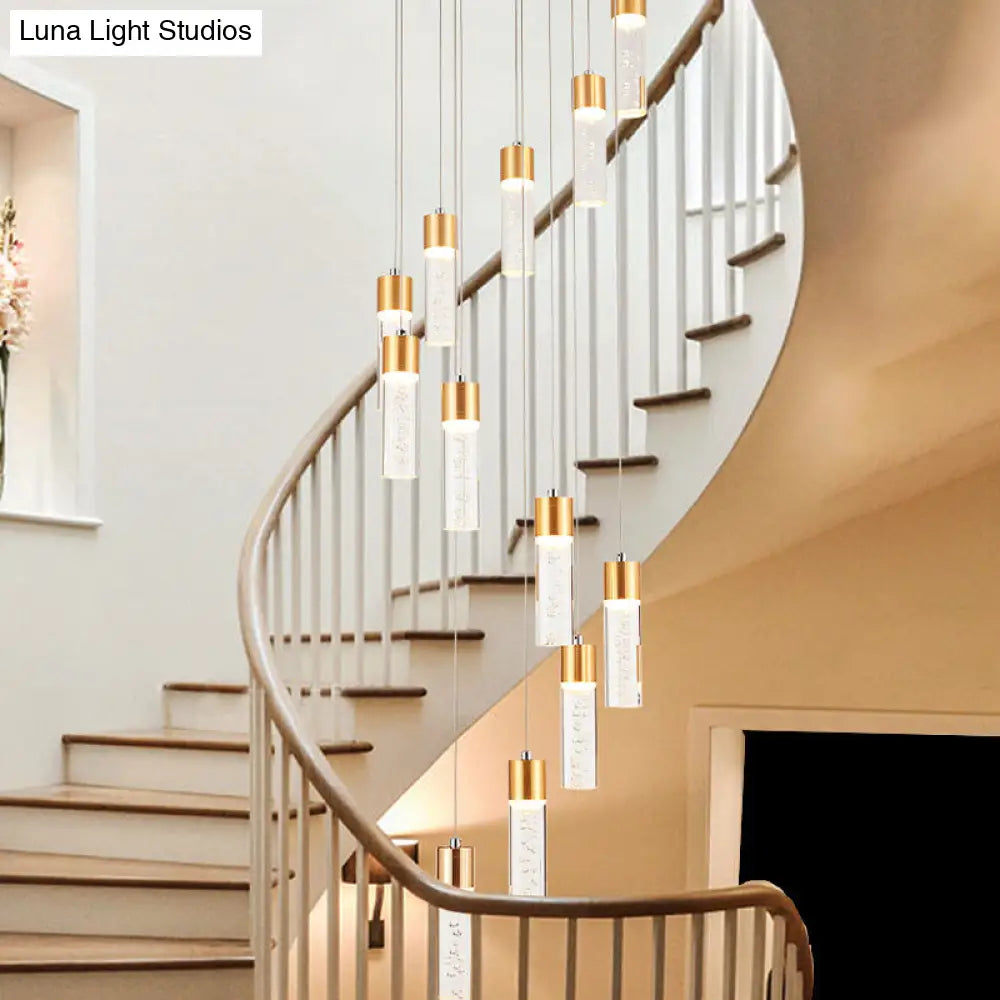 Modernist Gold/Silver Spiral Tube Pendant Lighting - 12 Heads Acrylic - Multiple Hanging Lamp for Staircases