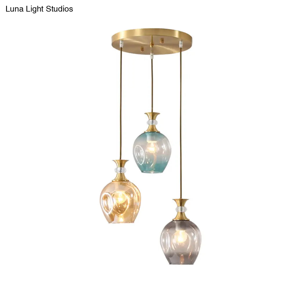 Modernist Gold Tulips Pendant Light with 3 Tan-Blue-Grey Dimpled Glass Heads, Ceiling Lamp