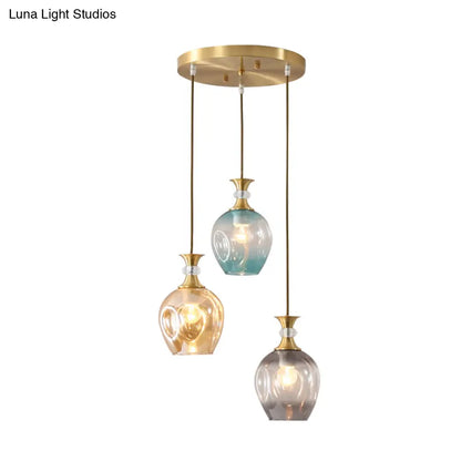 Modernist Gold Tulips Pendant Light with 3 Tan-Blue-Grey Dimpled Glass Heads, Ceiling Lamp