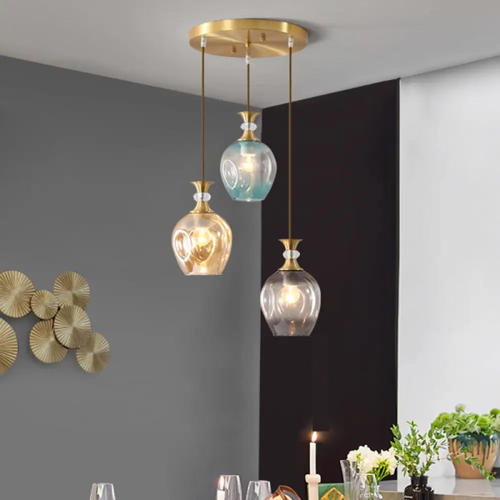 Modernist Gold Tulips Pendant Light with 3 Tan-Blue-Grey Dimpled Glass Heads, Ceiling Lamp