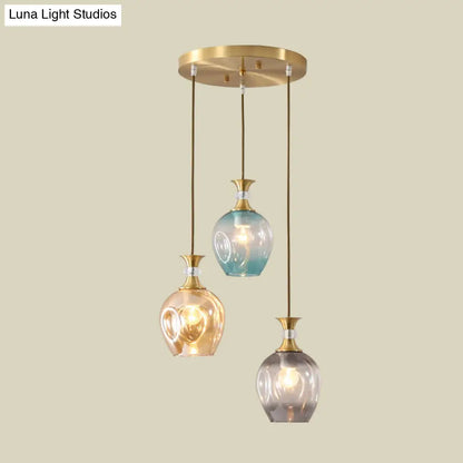 Modernist Gold Tulips Pendant Light with 3 Tan-Blue-Grey Dimpled Glass Heads, Ceiling Lamp