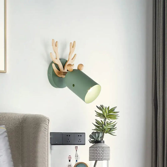 Modernist green metal cylinder shape wall sconce with wooden antler accents for bedroom light 110v-120v 220v-240v