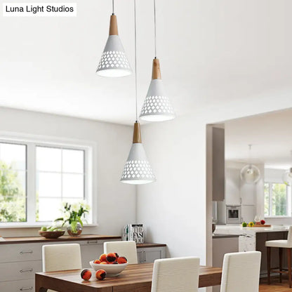 Modernist Iron Cone Cluster Pendant Light with Hollow Out Grid Design - White and Wood