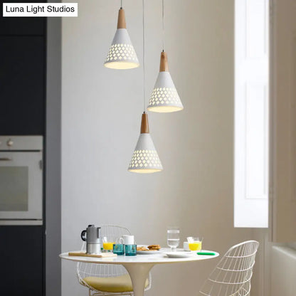 Modernist Iron Cone Cluster Pendant Light with Hollow Out Grid Design - White and Wood