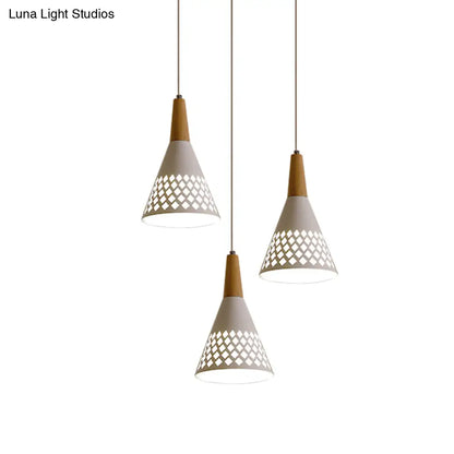 Modernist Iron Cone Cluster Pendant Light with Hollow Out Grid Design - White and Wood