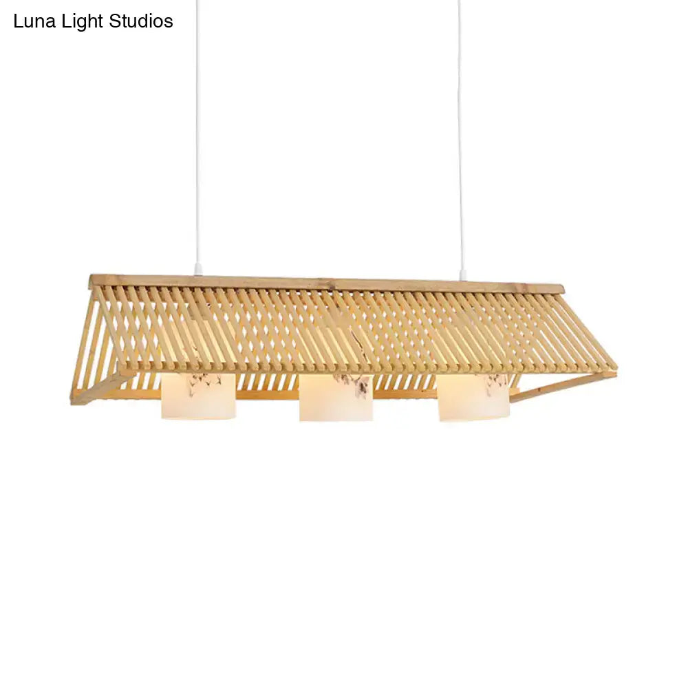 Decorbites modernist linear island lighting bamboo pendant light with beige brown slatted design and warm paper shades