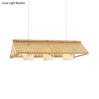 Decorbites modernist linear island lighting bamboo pendant light with beige brown slatted design and warm paper shades